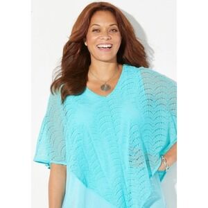 Catherines 6X Turquoise Crochet‎ Overlay Top Boho Poncho Style Plus Size